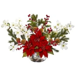18" Red Poinsettia, Dogwood, Berry & Pine Artificial Arrangement In Silver Vase