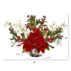 18" Red Poinsettia, Dogwood, Berry & Pine Artificial Arrangement In Silver Vase -Northlight Decor Store D322258S 2