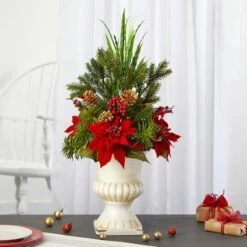 2ft. Poinsettia, Grass & Succulent Arrangement In White Urn -Northlight Decor Store D322363S 3