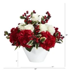15" Rose, Hydrangea & Holly Berry Arrangement In White Vase -Northlight Decor Store D322367S 2