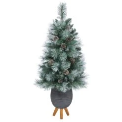 3.5ft. Pre-Lit Frosted Tip British Columbia Mountain Pine Artificial Christmas Tree In Gray Tripod Planter, Clear Lights -Northlight Decor Store D322615S 3