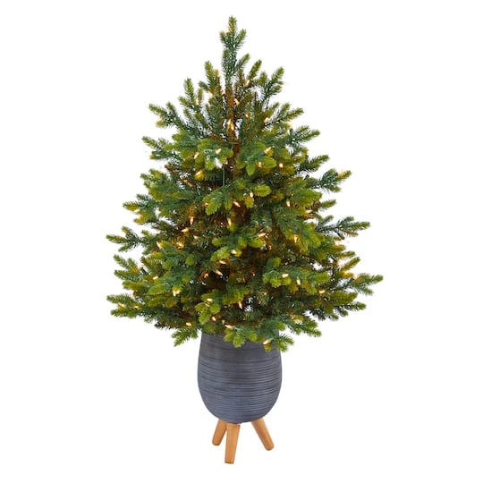 3.5ft. Pre-Lit North Carolina Fir Artificial Christmas Tree In Gray Planter With Stand, Clear Lights 2 3.5ft. Pre-Lit North Carolina Fir Artificial Christmas Tree In Gray Planter With Stand, Clear Lights - Image 2