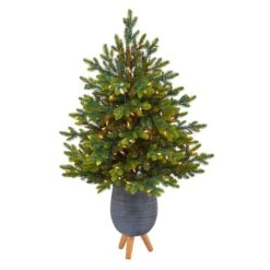 3.5ft. Pre-Lit North Carolina Fir Artificial Christmas Tree In Gray Planter With Stand, Clear Lights