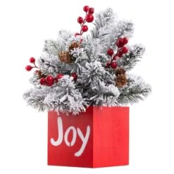 14" LED Joy Frosted Greenery In Red Wood Container -Northlight Decor Store D349450S 2