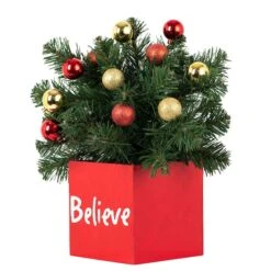 14" LED Believe Classic Greenery In Red Wood Container -Northlight Decor Store D349460S 2