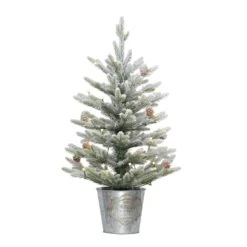 2 Ft. Pre-Lit Flocked Table Top Artificial Christmas Tree In Metal Pot