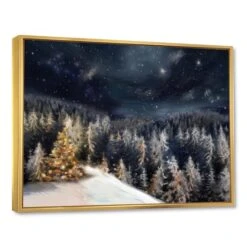 Designart - Night Forest Christmas Tree - Landscape Framed Canvas Art Print Gold