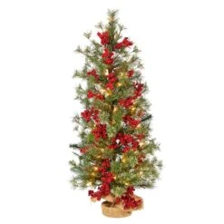 3ft. Pre-Lit Pine Artificial Christmas Tree With Berries And Burlap Base, Warm White Lights