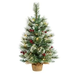 2ft. Pre-Lit Flocked Pine & Berry Artificial Christmas Tree In Burlap Base, Warm White LED Lights
