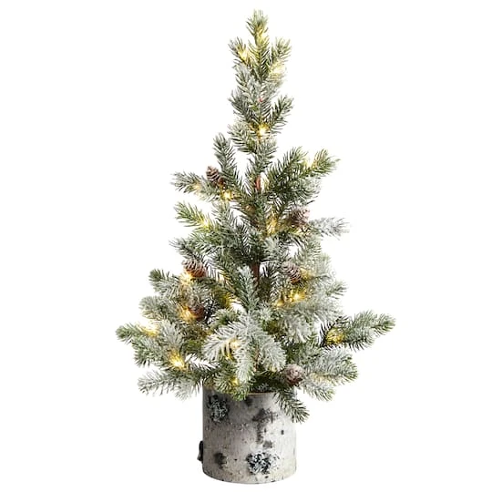 2ft. Pre-Lit Flocked Artificial Christmas Tree In Decorative Birch Bark Planter, LED Lights 1 2ft. Pre-Lit Flocked Artificial Christmas Tree In Decorative Birch Bark Planter, LED Lights
