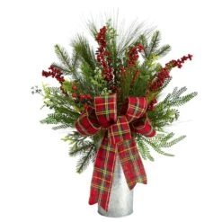 28" Holiday Winter Greenery, Berries & Plaid Bow Artificial Christmas Arrangement -Northlight Decor Store D479069S 1 1