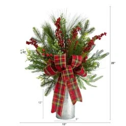 28" Holiday Winter Greenery, Berries & Plaid Bow Artificial Christmas Arrangement -Northlight Decor Store D479069S 2
