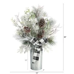2.5ft. Frosted Greenery & Pinecone With Plaid Bow In Decorative Tin Artificial Christmas Arrangement -Northlight Decor Store D479070S 2