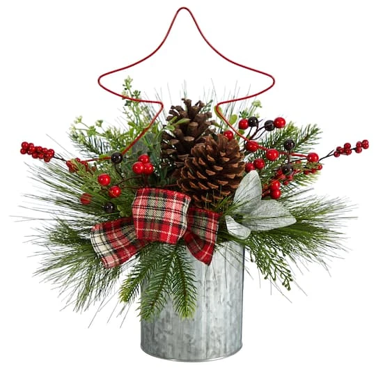17" Pinecone & Berries Artificial Christmas Arrangement With Decorative Metal Vase & Wire Red Christmas Tree 2 17" Pinecone & Berries Artificial Christmas Arrangement With Decorative Metal Vase & Wire Red Christmas Tree - Image 2
