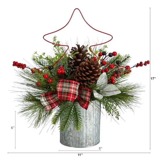17" Pinecone & Berries Artificial Christmas Arrangement With Decorative Metal Vase & Wire Red Christmas Tree 4 17" Pinecone & Berries Artificial Christmas Arrangement With Decorative Metal Vase & Wire Red Christmas Tree - Image 4