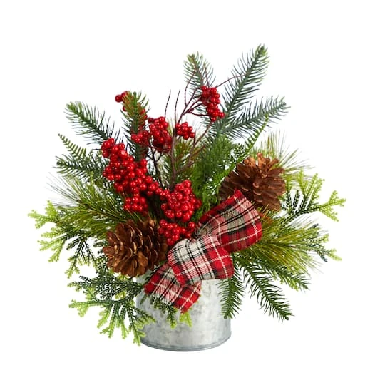 12" Holiday Winter Pinecones, Berries, Greenery & Plaid Bow Arrangement 1 12" Holiday Winter Pinecones, Berries, Greenery & Plaid Bow Arrangement