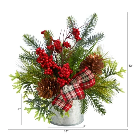 12" Holiday Winter Pinecones, Berries, Greenery & Plaid Bow Arrangement 4 12" Holiday Winter Pinecones, Berries, Greenery & Plaid Bow Arrangement - Image 4