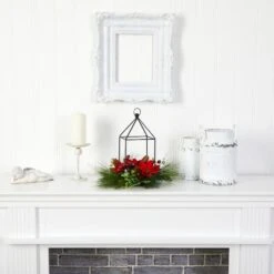 14" Christmas Poinsettia, Berry & Pinecone Metal Candle Holder Artificial Table Arrangement -Northlight Decor Store D479077S 4
