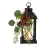 12" Berries & Greenery Metal Lantern Artificial Table Christmas Arrangement With LED Candle
