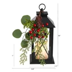 12" Berries & Greenery Metal Lantern Artificial Table Christmas Arrangement With LED Candle -Northlight Decor Store D479080S 2