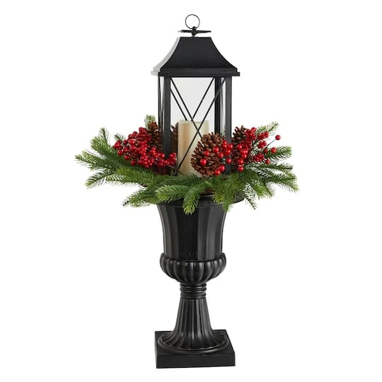 33" Greenery, Berries & Pinecones In Decorative Urn With Large Lantern And LED Candle Artificial Christmas Décor 2 33" Greenery, Berries & Pinecones In Decorative Urn With Large Lantern And LED Candle Artificial Christmas Décor - Image 2