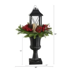 33" Greenery, Berries & Pinecones In Decorative Urn With Large Lantern And LED Candle Artificial Christmas Décor 8 33" Greenery, Berries & Pinecones In Decorative Urn With Large Lantern And LED Candle Artificial Christmas Décor -Northlight Decor Store D479081S 2