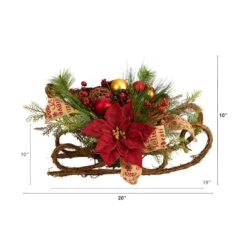 18" Christmas Sleigh With Poinsettia, Berries & Pinecone Artificial Arrangement With Ornaments -Northlight Decor Store D479083S 2