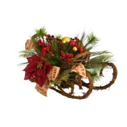 18" Christmas Sleigh With Poinsettia, Berries & Pinecone Artificial Arrangement With Ornaments -Northlight Decor Store D479083S 3