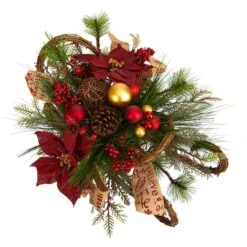 18" Christmas Sleigh With Poinsettia, Berries & Pinecone Artificial Arrangement With Ornaments -Northlight Decor Store D479083S 4