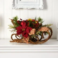 18" Christmas Sleigh With Poinsettia, Berries & Pinecone Artificial Arrangement With Ornaments -Northlight Decor Store D479083S 5