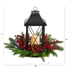 16" Christmas Berries, Pinecones & Greenery With Lantern And LED Candle Artificial Table Arrangement -Northlight Decor Store D479084S 2