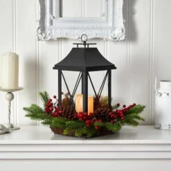16" Christmas Berries, Pinecones & Greenery With Lantern And LED Candle Artificial Table Arrangement -Northlight Decor Store D479084S 3