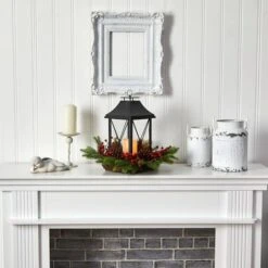 16" Christmas Berries, Pinecones & Greenery With Lantern And LED Candle Artificial Table Arrangement -Northlight Decor Store D479084S 4