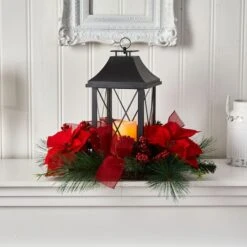 15" Red Poinsettia, Pinecone & Greenery Lantern With LED Candle Artificial Christmas Arrangement -Northlight Decor Store D479085S 3