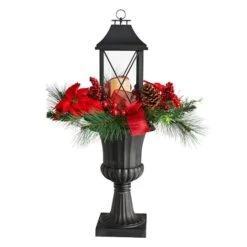 33" Christmas Berries & Poinsettia With Large Lantern & LED Candle In Decorative Urn -Northlight Decor Store D479087S 1 1