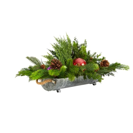 24" Cedar Pine, Pinecones & Ornaments Artificial Christmas Arrangement In Tin Vase 4 24" Cedar Pine, Pinecones & Ornaments Artificial Christmas Arrangement In Tin Vase - Image 4