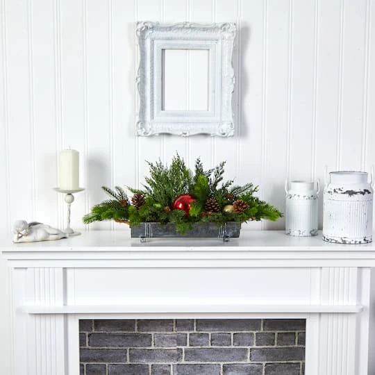 24" Cedar Pine, Pinecones & Ornaments Artificial Christmas Arrangement In Tin Vase 3 24" Cedar Pine, Pinecones & Ornaments Artificial Christmas Arrangement In Tin Vase - Image 3