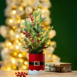 22" Pre-Lit Artificial Christmas Tree In Santa Belt Pot, Warm White LED Lights -Northlight Decor Store D479438S 2