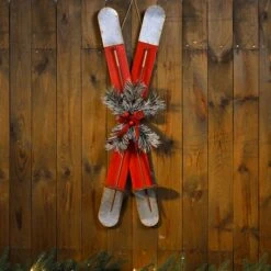 Glitzhome® 35" Red Wooden & Galvanized Ski Porch Décor -Northlight Decor Store D479466S 4