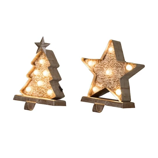 Glitzhome® 8" Marquee LED Christmas Tree & Star Wooden & Metal Stocking Holder Set 1 Glitzhome® 8" Marquee LED Christmas Tree & Star Wooden & Metal Stocking Holder Set