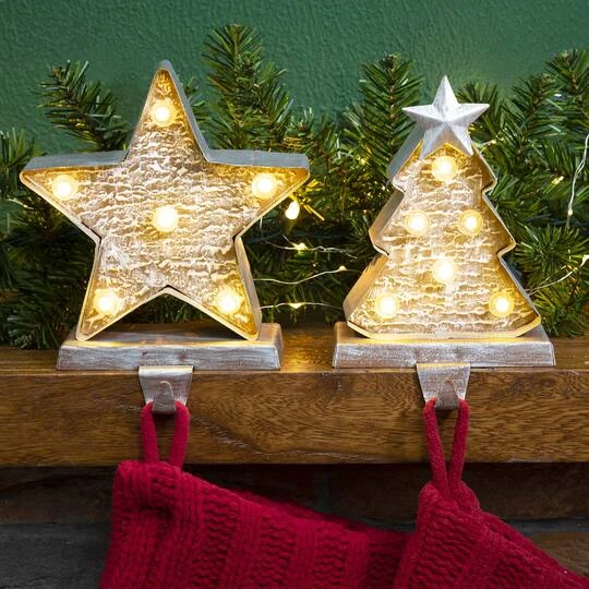Glitzhome® 8" Marquee LED Christmas Tree & Star Wooden & Metal Stocking Holder Set 3 Glitzhome® 8" Marquee LED Christmas Tree & Star Wooden & Metal Stocking Holder Set - Image 3