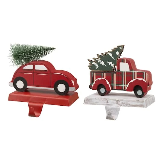 Glitzhome® Wooden & Metal Red Car & Truck Stocking Holder Set 1 Glitzhome® Wooden & Metal Red Car & Truck Stocking Holder Set