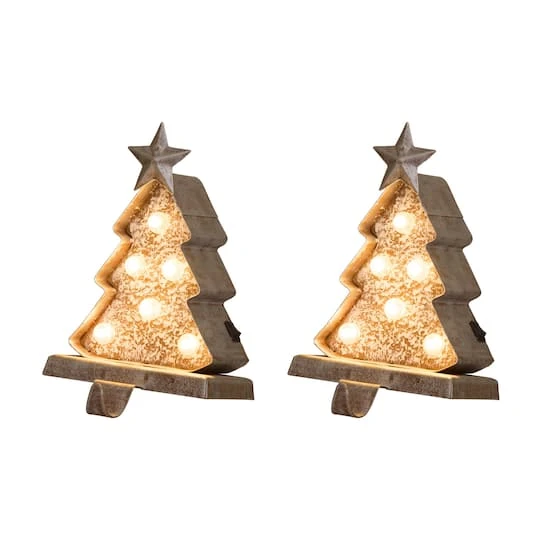 Glitzhome® 8" Marquee LED Wooden & Metal Christmas Tree Stocking Holder Set 1 Glitzhome® 8" Marquee LED Wooden & Metal Christmas Tree Stocking Holder Set
