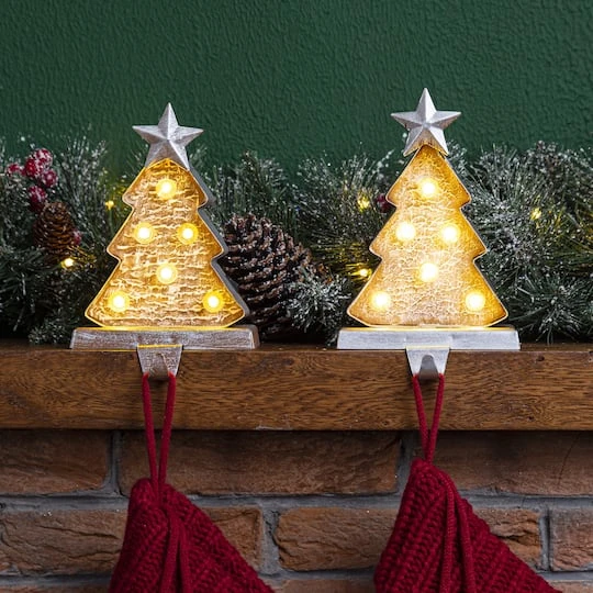 Glitzhome® 8" Marquee LED Wooden & Metal Christmas Tree Stocking Holder Set 3 Glitzhome® 8" Marquee LED Wooden & Metal Christmas Tree Stocking Holder Set - Image 3