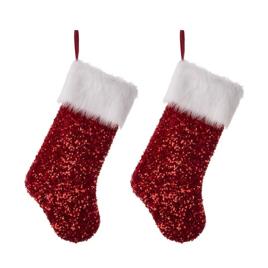 Glitzhome® 21" Red Sequin Stocking, Set Of 2 1 Glitzhome® 21" Red Sequin Stocking, Set Of 2
