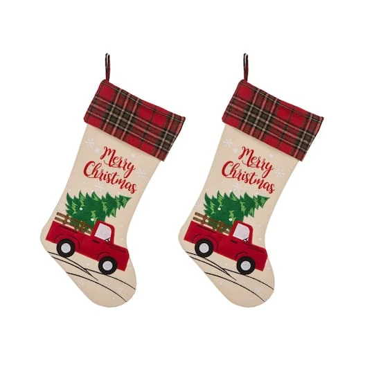 Glitzhome® 21" Red Truck Embroidered Linen Stocking, Set Of 2 1 Glitzhome® 21" Red Truck Embroidered Linen Stocking, Set Of 2