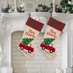 Glitzhome® 21" Red Truck Embroidered Linen Stocking, Set Of 2 10 Glitzhome® 21" Red Truck Embroidered Linen Stocking, Set Of 2 -Northlight Decor Store D479588S 2