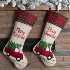Glitzhome® 21" Red Truck Embroidered Linen Stocking, Set Of 2 11 Glitzhome® 21" Red Truck Embroidered Linen Stocking, Set Of 2 -Northlight Decor Store D479588S 3
