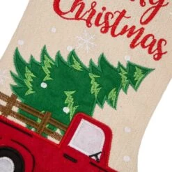 Glitzhome® 21" Red Truck Embroidered Linen Stocking, Set Of 2 12 Glitzhome® 21" Red Truck Embroidered Linen Stocking, Set Of 2 -Northlight Decor Store D479588S 4