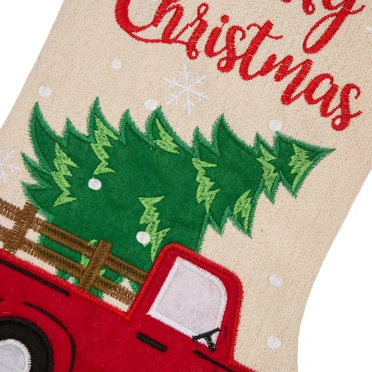 Glitzhome® 21" Red Truck Embroidered Linen Stocking, Set Of 2 5 Glitzhome® 21" Red Truck Embroidered Linen Stocking, Set Of 2 - Image 5